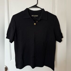 St. John Santana Knit Black Short Sleeve Sweater With Gold Nautical Buttons